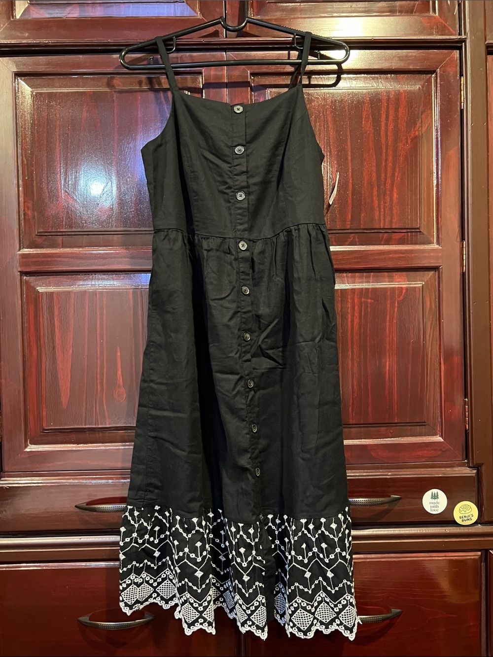 Old Navy Black Midi Dress with White Embroidered Eyelet Hem